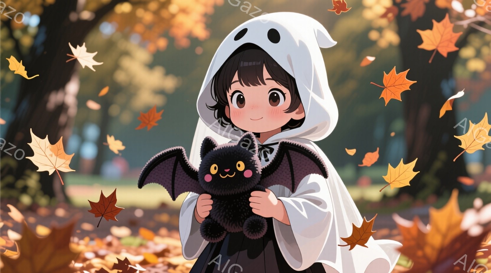 小さな女の子が白いお化けの衣装を着て、黒いコウモリのぬいぐるみを抱きかかえています。彼女は黒髪で、前髪は短く、顔は笑顔で、少し照れたような表情をしています。背景には秋の紅葉が舞い散る公園があり、暖かく - AI生成フリー素材