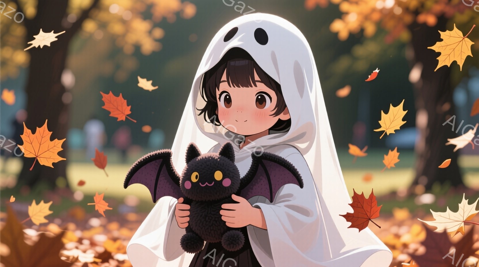 茶色の髪を少しカールさせた女の子が、白いお化けの衣装を着て、黒いコウモリのぬいぐるみを抱えています。彼女は少し頬を赤らめ、優しい笑顔を浮かべており、背景には秋の紅葉と木々が見えます。全体的に暖かく、可 - AI生成フリー素材