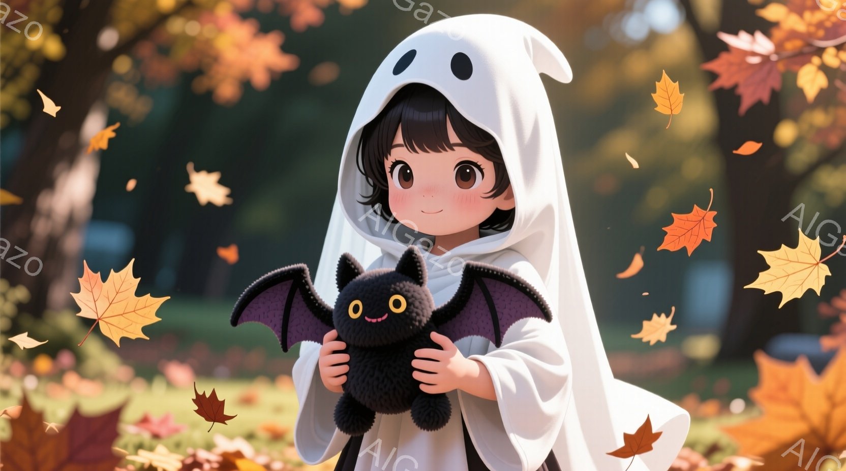 可愛らしい女の子が白いお化けの衣装を着て、黒いコウモリのぬいぐるみを抱きしめています。彼女は短い黒髪で、大きな瞳が印象的で、穏やかな笑顔を浮かべています。背景には鮮やかな紅葉の葉が舞い散り、秋の暖かい - AI生成フリー素材