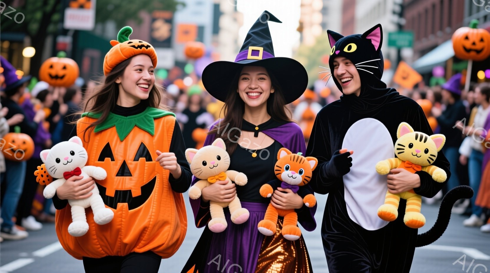 ハロウィーンのパレードの一場面で、カボチャ、魔女、猫の仮装をした3人の女性が写っている。彼女たちはそれぞれ大きなぬいぐるみを持っており、笑顔でカメラに向かって歩いている。背景には、多くの観客とハロウィ - AI生成フリー素材