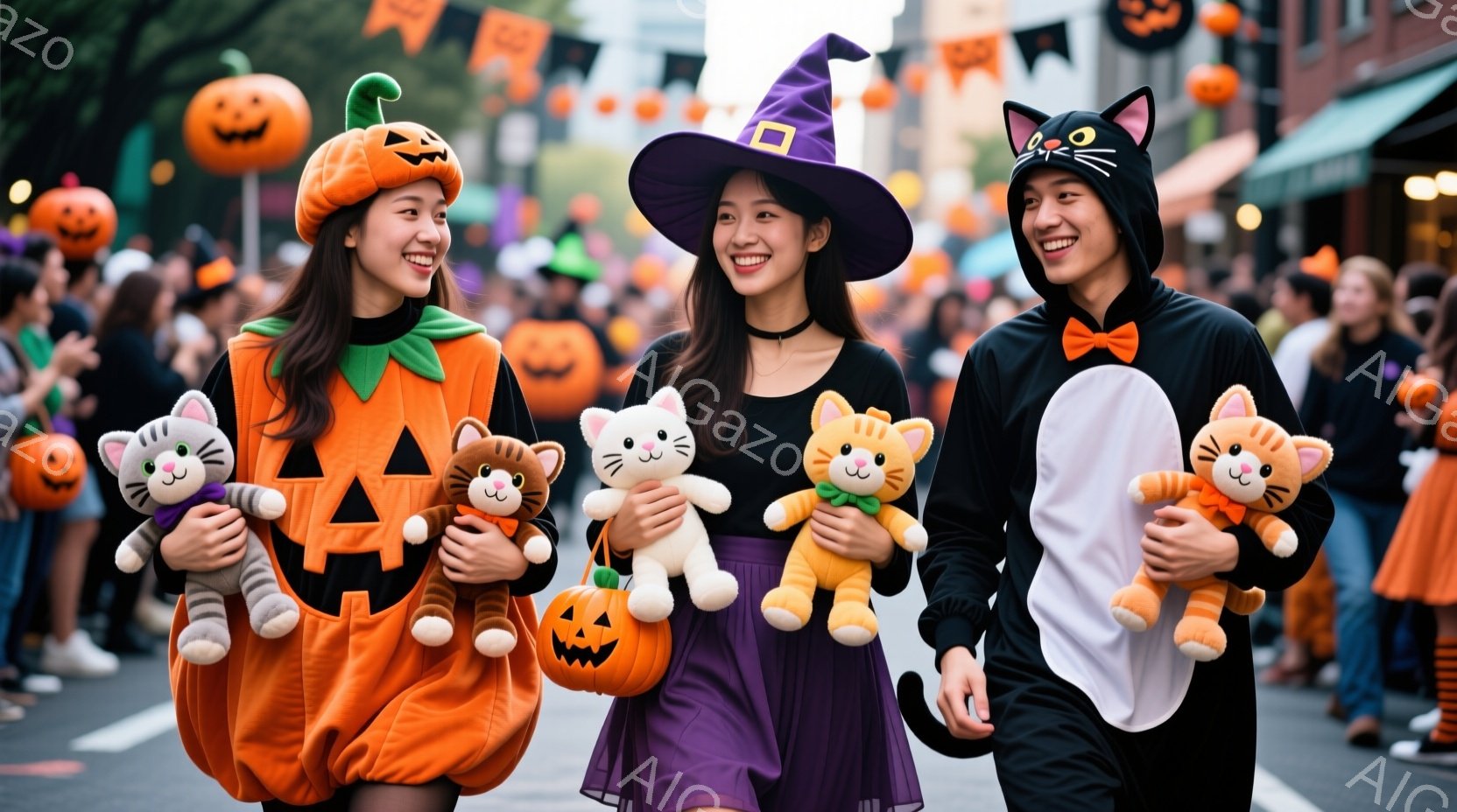 ハロウィーンの衣装を販売する店内で、マネキンが様々な衣装を着ています。黒い魔女の衣装、オレンジと紫のドレス、黒いコルセットと赤いケープの衣装などが見られ、それぞれが独特のスタイルを表現しています。背景 - AI生成フリー素材