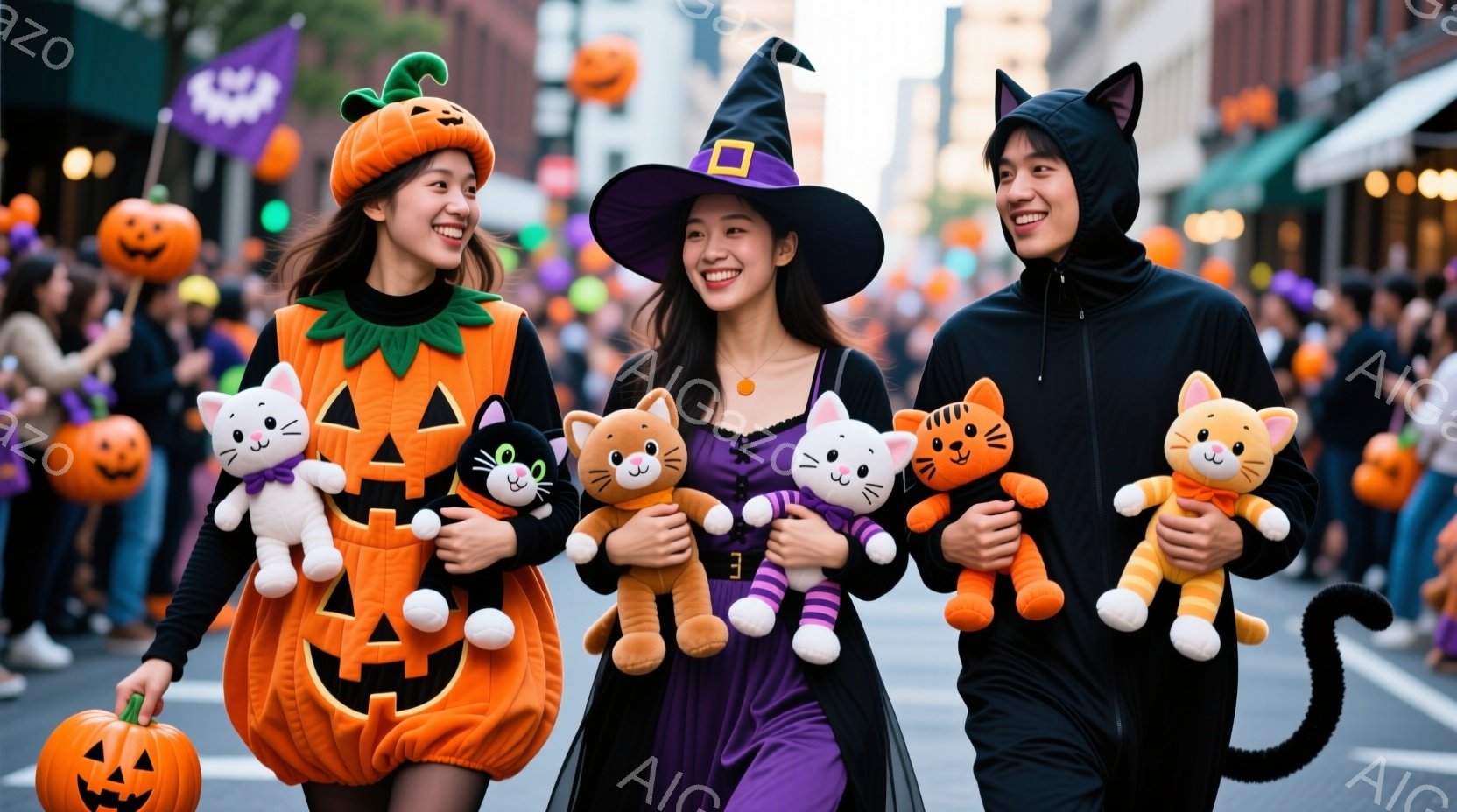 ハロウィーンのパレードと思われる通りで、女性がカボチャのコスチューム、もう一人の女性が魔女のコスチューム、男性が猫のコスチュームを着ています。それぞれが可愛い猫のぬいぐるみを抱えており、笑顔で歩いてい - AI生成フリー素材