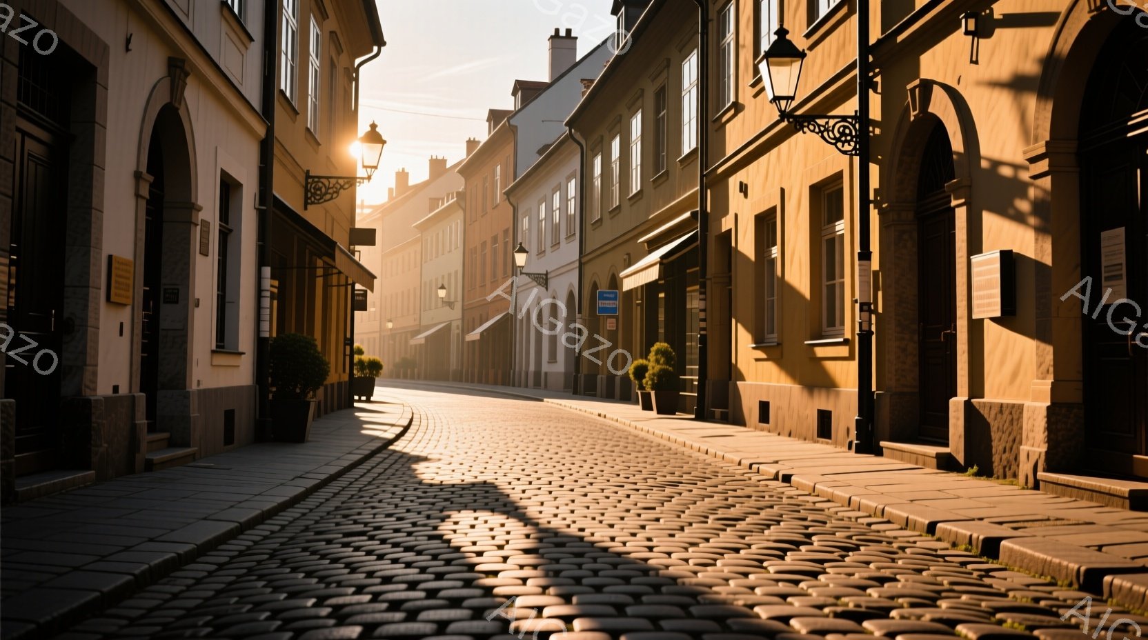 石畳の道が続く、ヨーロッパの古い街並みである。建物はクリーム色や茶色を基調としたレンガ造りで、窓の上には装飾が施されている。夕暮れ時で、建物に長く影が落ち、道には温かい光が差し込み、静かで穏やかな雰囲気を醸し出している。