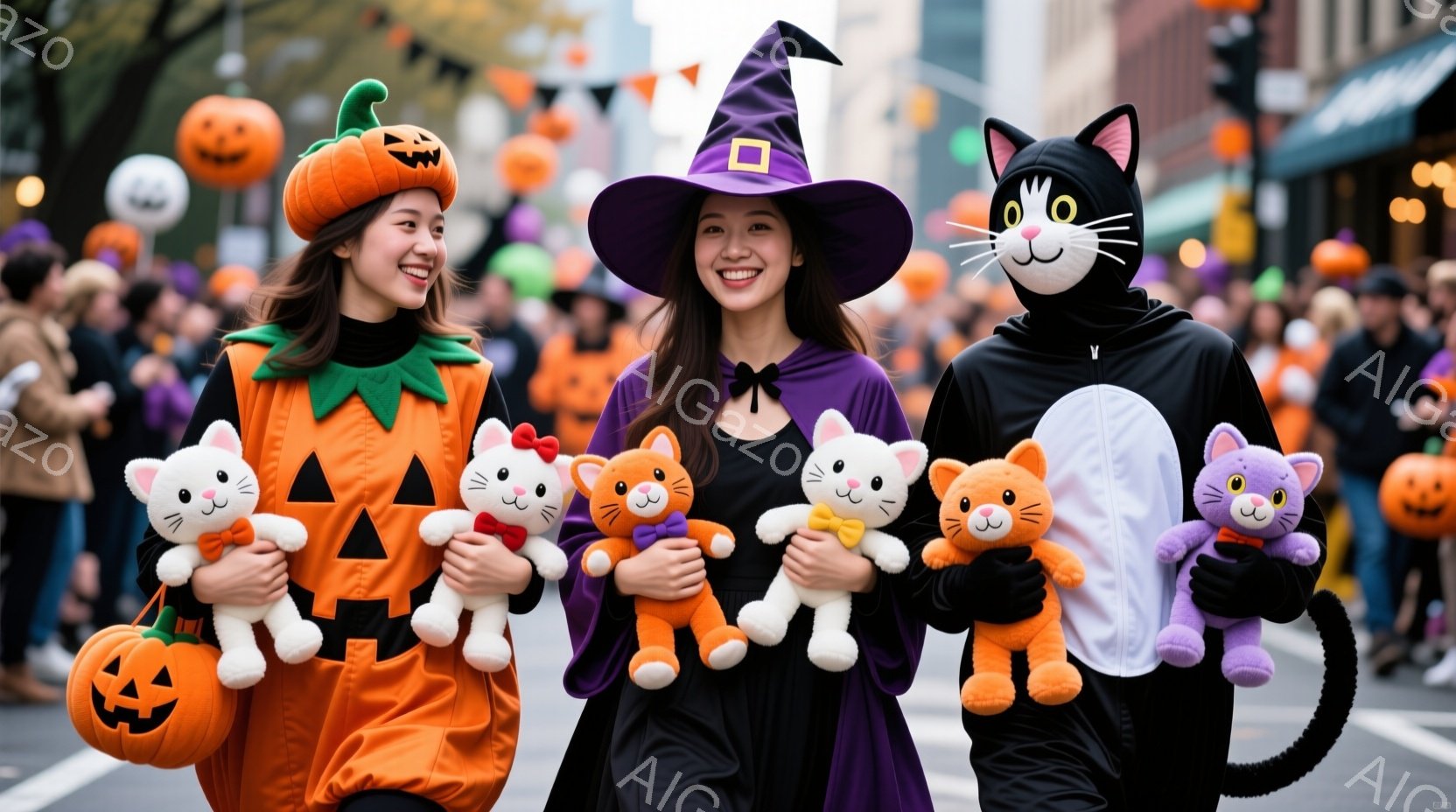 ３人の女性がハロウィーンのパレードに参加している写真です。左の女性はカボチャの衣装を着ており、右の女性は魔女の衣装を着ています。彼女たちの間には猫の着ぐるみを着た女性がおり、それぞれが可愛らしいぬいぐ - AI生成フリー素材