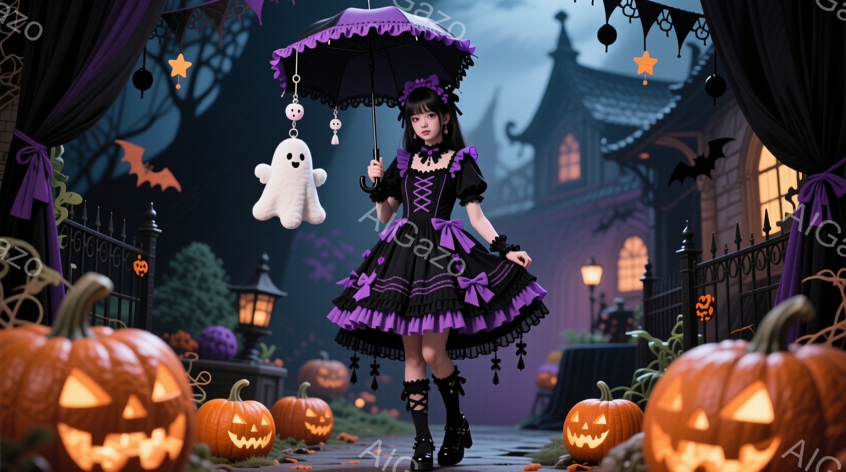 黒と紫のゴシックロリータ風のドレスを着た若い女性が、ハロウィーンの夜に立っています。彼女は傘を持ち、可愛らしいゴーストのぬいぐるみをぶら下げ、少し微笑んでいます。背景には、カボチャランタン、不気味な建 - AI生成フリー素材