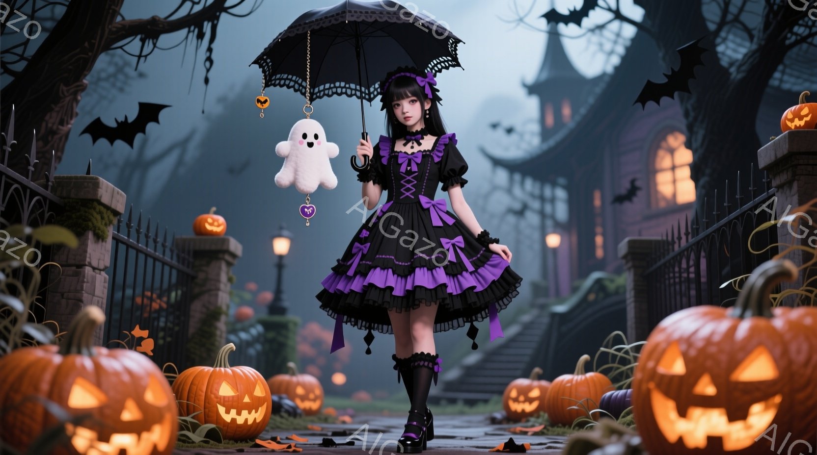 黒いゴシックロリータ風のドレスを着た女性が、雨の中を歩いている。紫色のリボンとフリルが施されたドレスと、黒いニーハイソックス、そして光沢のある黒い靴が印象的で、顔には無表情ながらもどこか寂しげな雰囲気がある。背景には、ハロウィーンの装飾であるカボチャやコウモリが配置され、薄暗い空と古城のような建物が、不気味で幻想的な雰囲気を醸し出している。