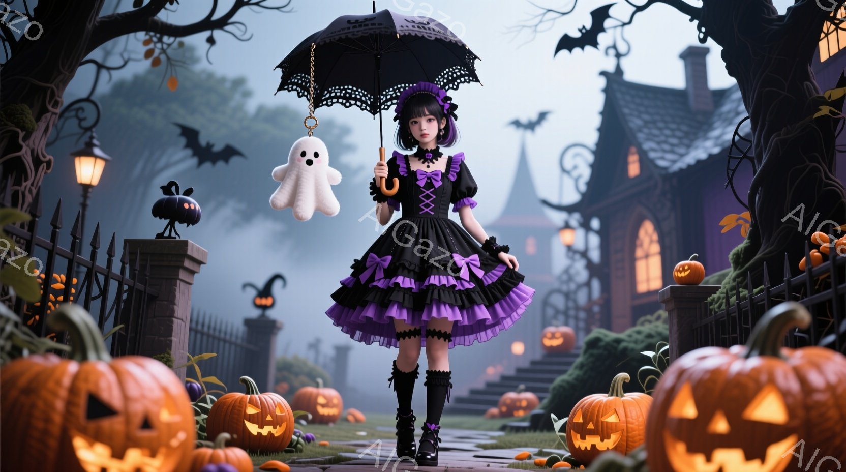 黒と紫のゴシックロリータ風のドレスを着た少女が、手には白い幽霊のぬいぐるみを抱え、レースとフリル付きの傘をさして歩いています。背景には、ハロウィーンの装飾が施された建物やカボチャ、夜の薄暗い空が広がり - AI生成フリー素材