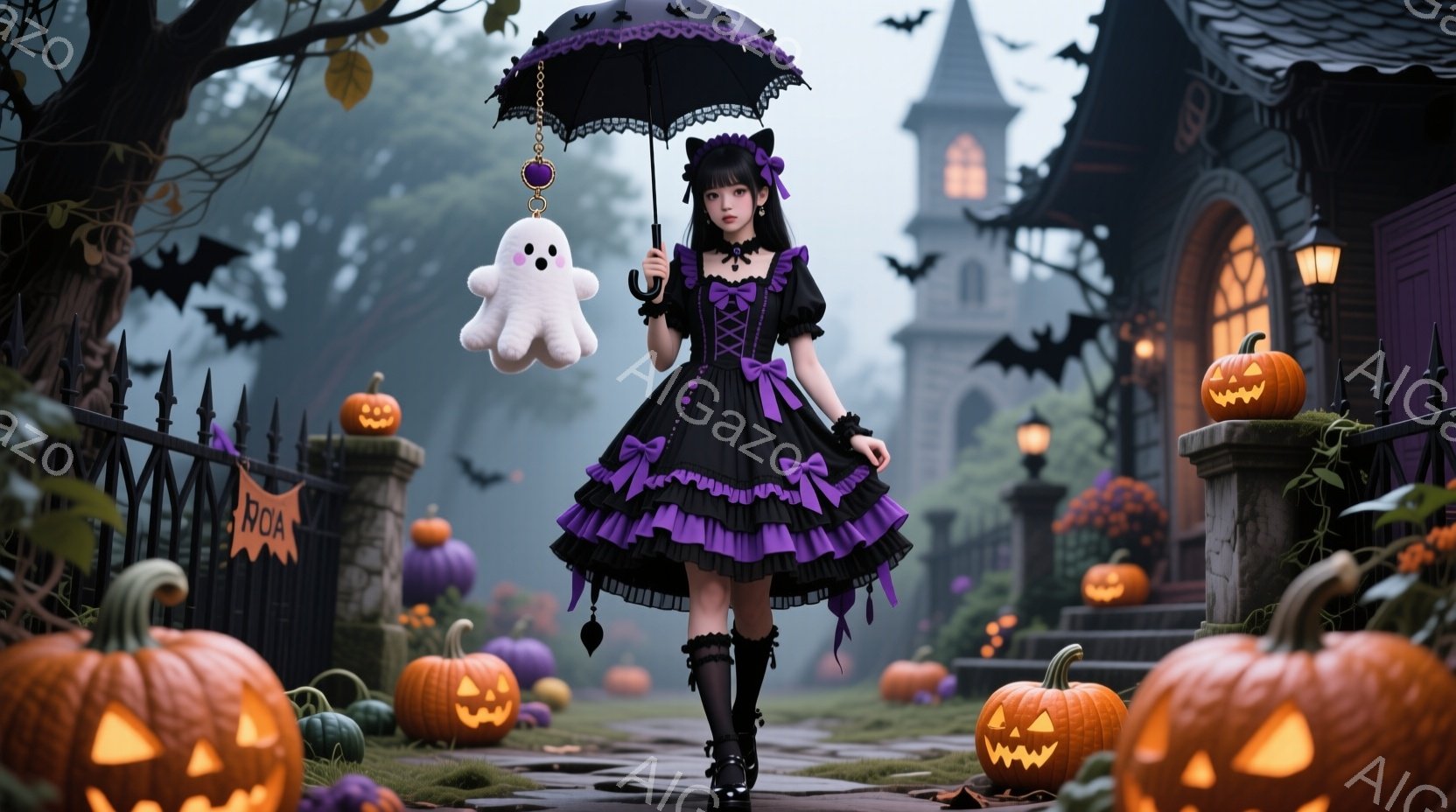 黒いゴシックロリータ風のドレスを着た少女が、紫色のフリルとリボンがアクセントになっています。彼女は白い幽霊のぬいぐるみを持っており、紫色のフリルがついた傘を差しながら、ハロウィンの飾り付けがされた庭園を歩いています。背景には、カボチャ、装飾されたフェンス、そして薄暗い空の下の古い建物があり、全体的に少し不気味で幻想的な雰囲気を醸し出しています。