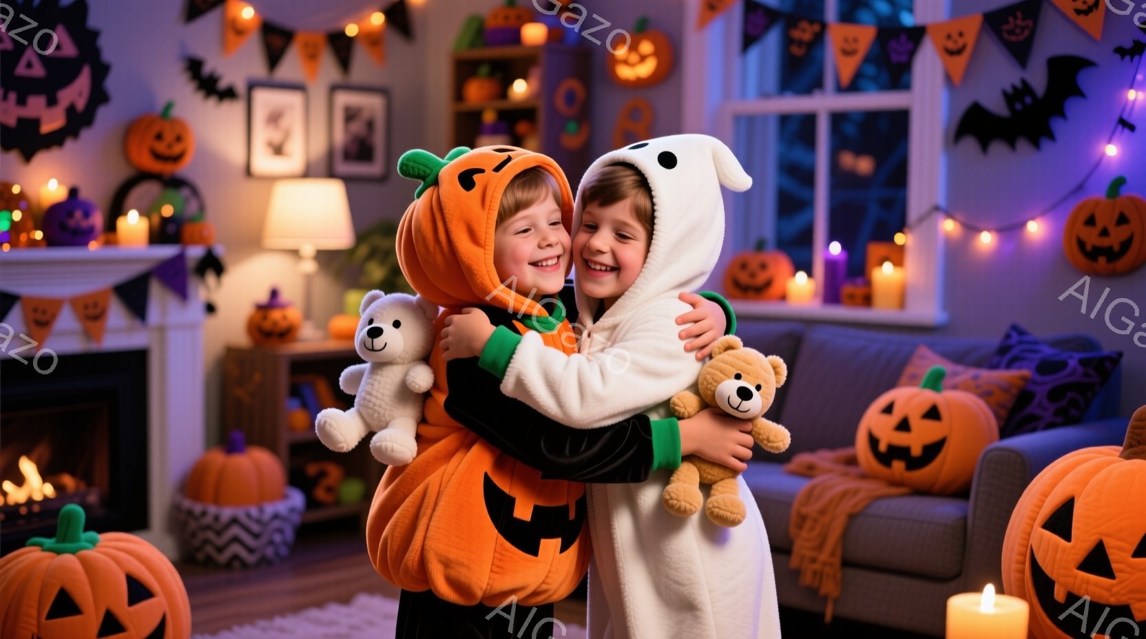 ハロウィーンの装飾が施されたリビングルームで、カボチャと幽霊のコスチュームを着た2人の子供が抱き合っています。彼らは笑顔で、それぞれテディベアを抱きしめており、楽しそうな雰囲気が伝わってきます。背景に - AI生成フリー素材