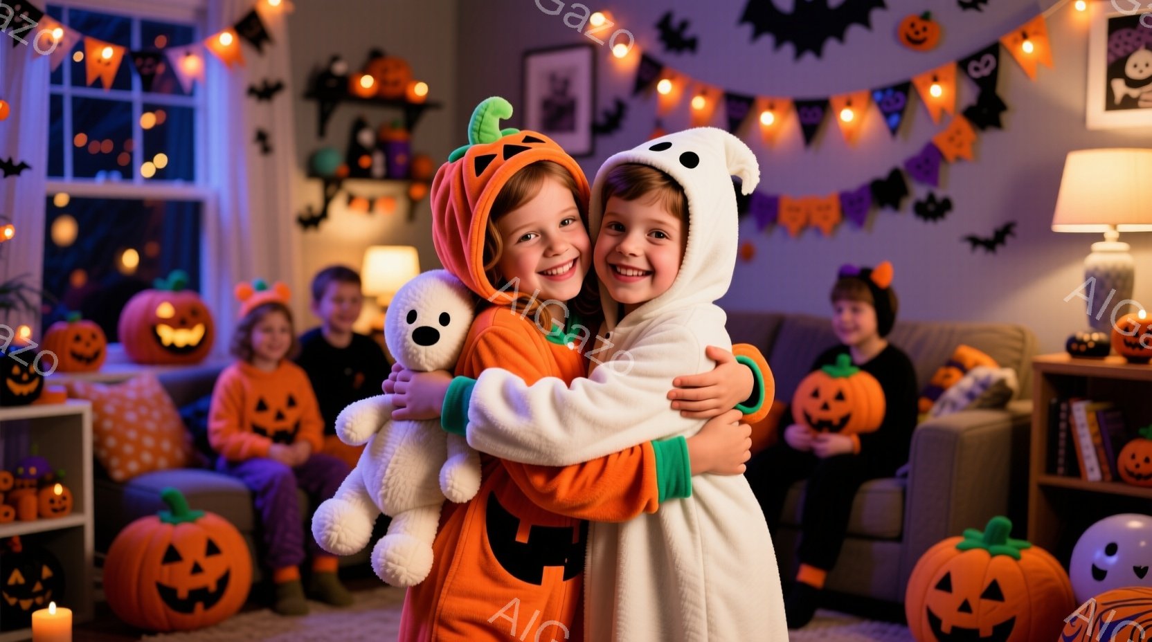 ハロウィーンの飾り付けがされたリビングルームで、パンプキンとゴーストのコスチュームを着た二人の少女が抱き合っています。少女たちは笑顔で、楽しそうな表情をしています。背景には、ハロウィーンの飾り、ソファ - AI生成フリー素材