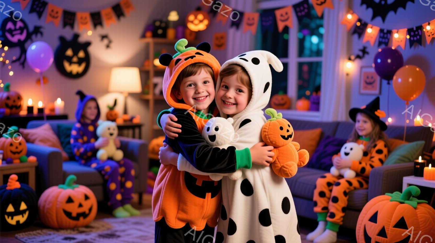 二人の幼い子供がハロウィーンの飾り付けがされた部屋で抱き合っています。一人はカボチャの着ぐるみ、もう一人はゴーストの着ぐるみを着ており、それぞれに笑顔が見られます。背景には、オレンジ色のカボチャのラン - AI生成フリー素材