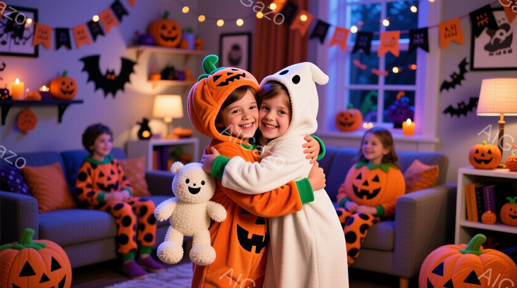ハロウィーンの装飾が施されたリビングルームで、カボチャのコスチュームを着た女の子と幽霊のコスチュームを着た女の子が抱き合っています。部屋にはオレンジ色の光が灯り、背景にはカボチャのランタンやハロウィー - AI生成フリー素材