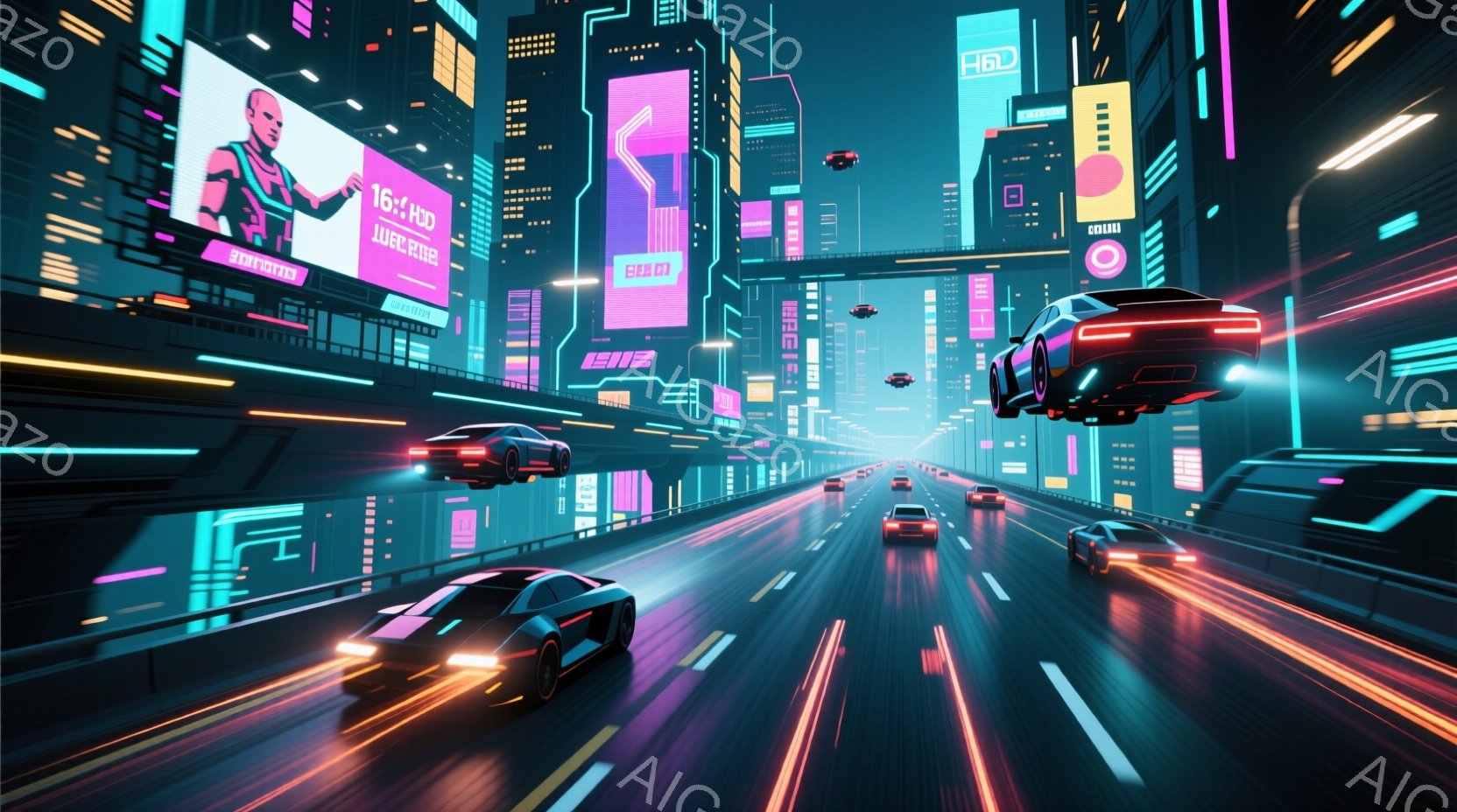 未来的な都市の高速道路が描かれており、ネオンライトが輝く高層ビル群が背景に広がっています。様々な色の車両が高速で走行しており、スピード感と近未来的な雰囲気を強調しています。全体的に、鮮やかな色彩と光の - AI生成フリー素材