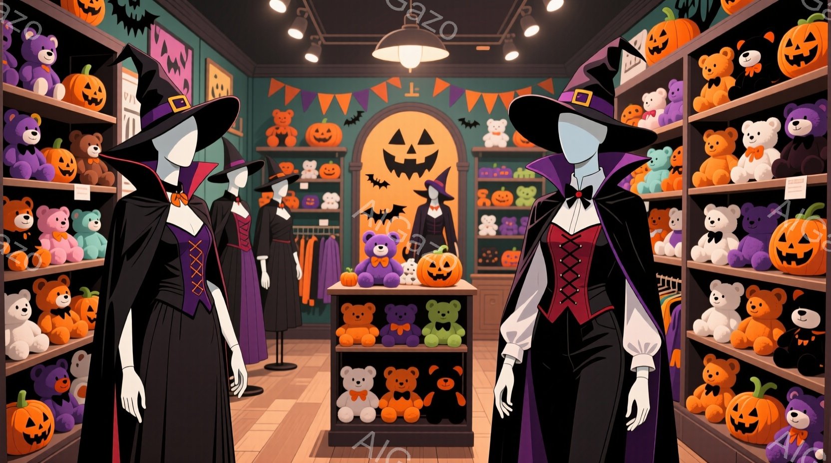 店内には、たくさんのカボチャのぬいぐるみが飾られた棚が並び、ハロウィンの装飾が施されています。マネキンは、黒いドレスに紫色のベスト、そして魔女帽子を被っており、真剣な表情で正面を向いています。背景には、さらに多くのぬいぐるみやハロウィーングッズが並び、賑やかで楽しい雰囲気を醸し出しています。