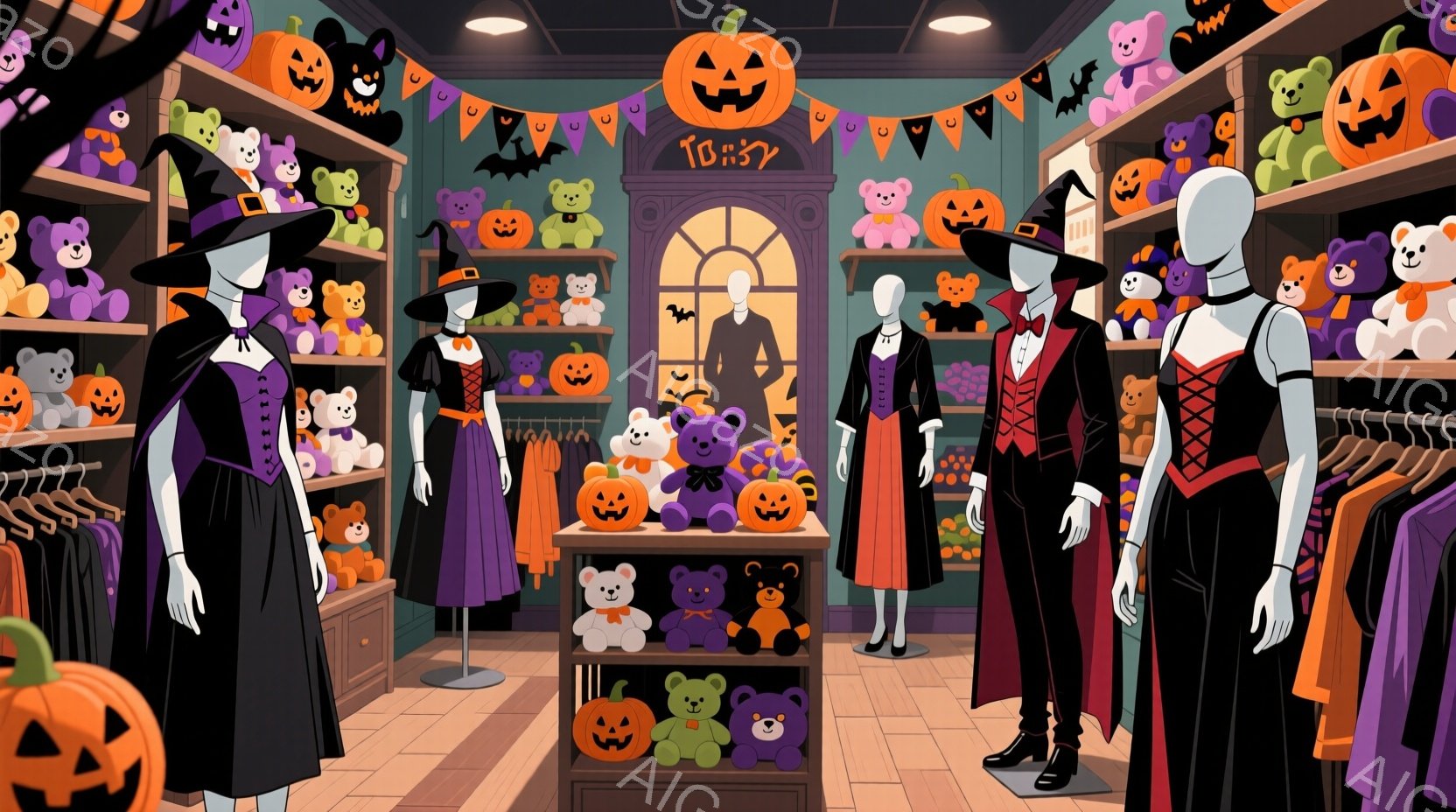 ハロウィンの衣装を扱う店内で、マネキンたちが様々な衣装を着て展示されています。黒い魔女の衣装、オレンジと紫のドレス、黒いコルセットドレスと赤いコートなど、カラフルで可愛らしい衣装が並び、ハロウィンの雰 - AI生成フリー素材