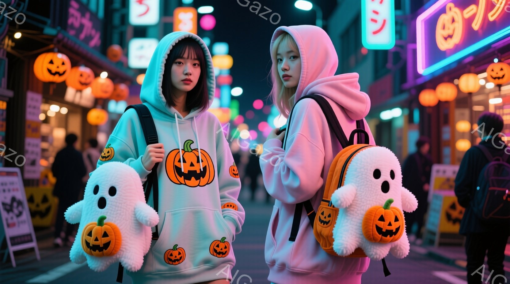 二人の若い女性が、ハロウィーンをテーマにした装いで歩いています。彼女たちは、オレンジ色のカボチャと白い幽霊のモチーフが描かれた白いパーカーを着ており、それぞれ肩に大きな幽霊のぬいぐるみを抱えています。 - AI生成フリー素材