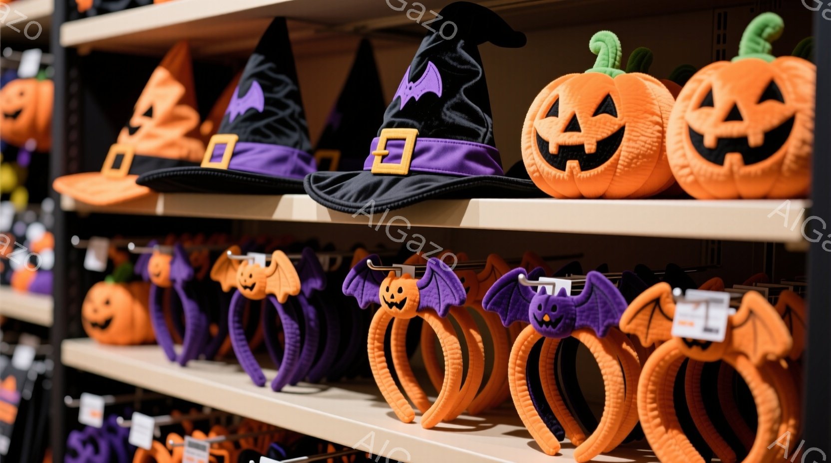 ハロウィーンの装飾品が棚に並べられています。オレンジ色のカボチャのヘッドバンド、紫色の魔女帽子、コウモリの角のヘッドバンドなどが整然と並べられており、ハロウィーンの準備をしている様子が伺えます。背景は - AI生成フリー素材