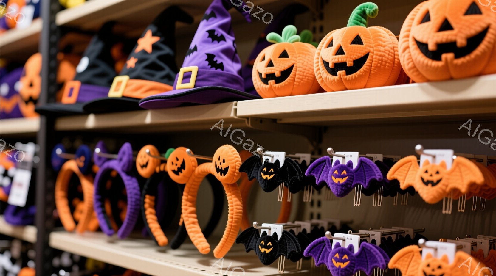 ハロウィーンの装飾品が棚に並べられています。オレンジ色のカボチャや紫色のコウモリ、黒い猫のヘッドバンドなどが所狭しと並び、ハロウィーンの雰囲気を盛り上げています。背景は店舗の棚で、全体的に明るく楽しい - AI生成フリー素材