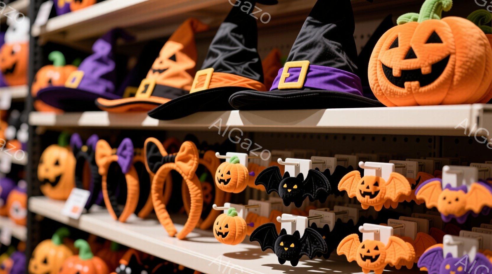 ハロウィーンの装飾品が棚に並べられています。オレンジ色のかぼちゃや黒いコウモリ、魔女の帽子などのヘッドバンドが密集して並んでおり、ハロウィーンの季節感を強く感じさせます。背景は店内の棚で、装飾品は鮮やかな色合いで目に鮮やかです。