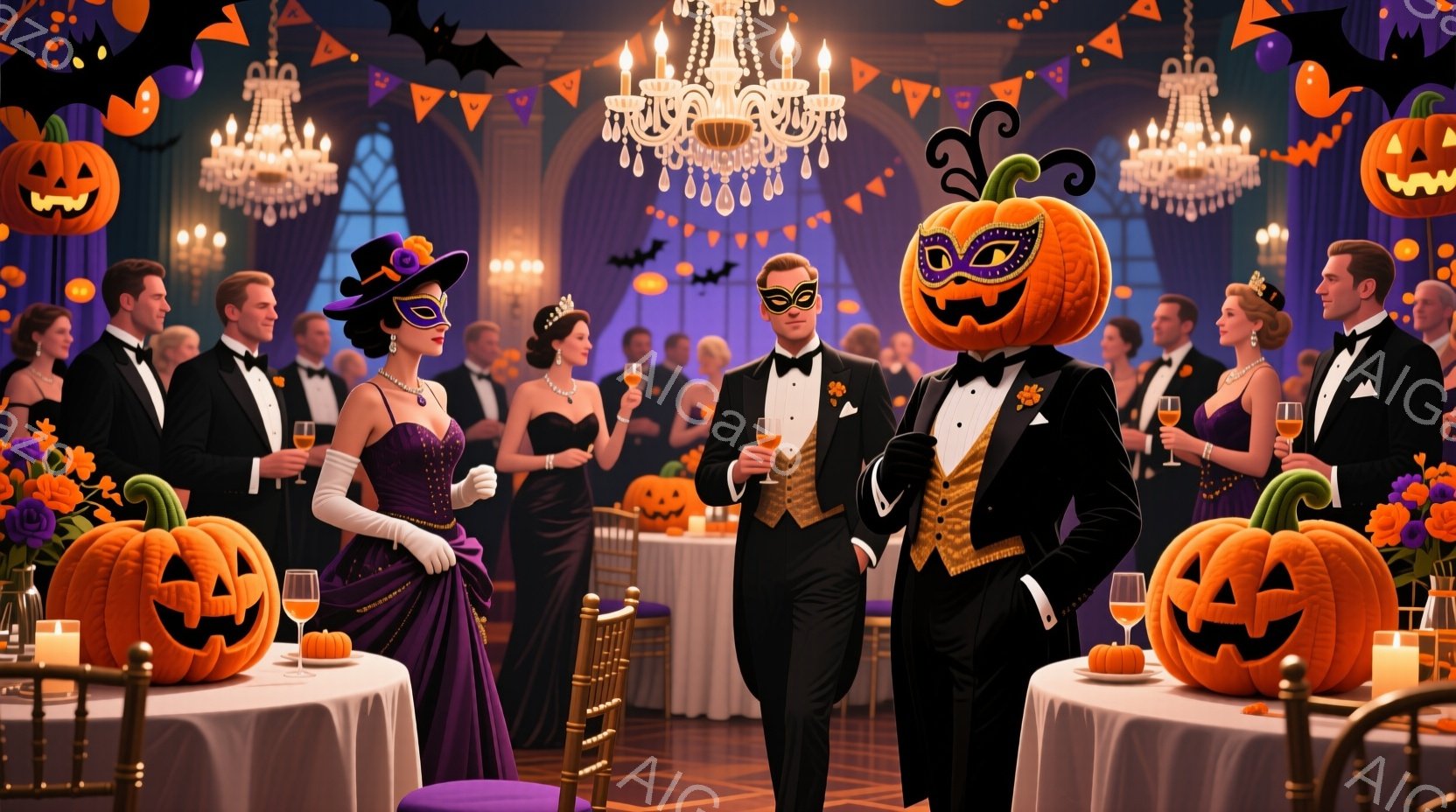 ハロウィーンの夜会が開かれている豪華な会場で、仮装した人々が集まっています。紫色のドレスと帽子を身につけた女性、タキシードを着てカボチャの頭を被った男性が目立ち、シャンパンを片手に優雅に立っています。会場には、カボチャのランタンやコウモリの飾り付けがあり、暖色系の照明がハロウィーンの雰囲気を盛り上げています。