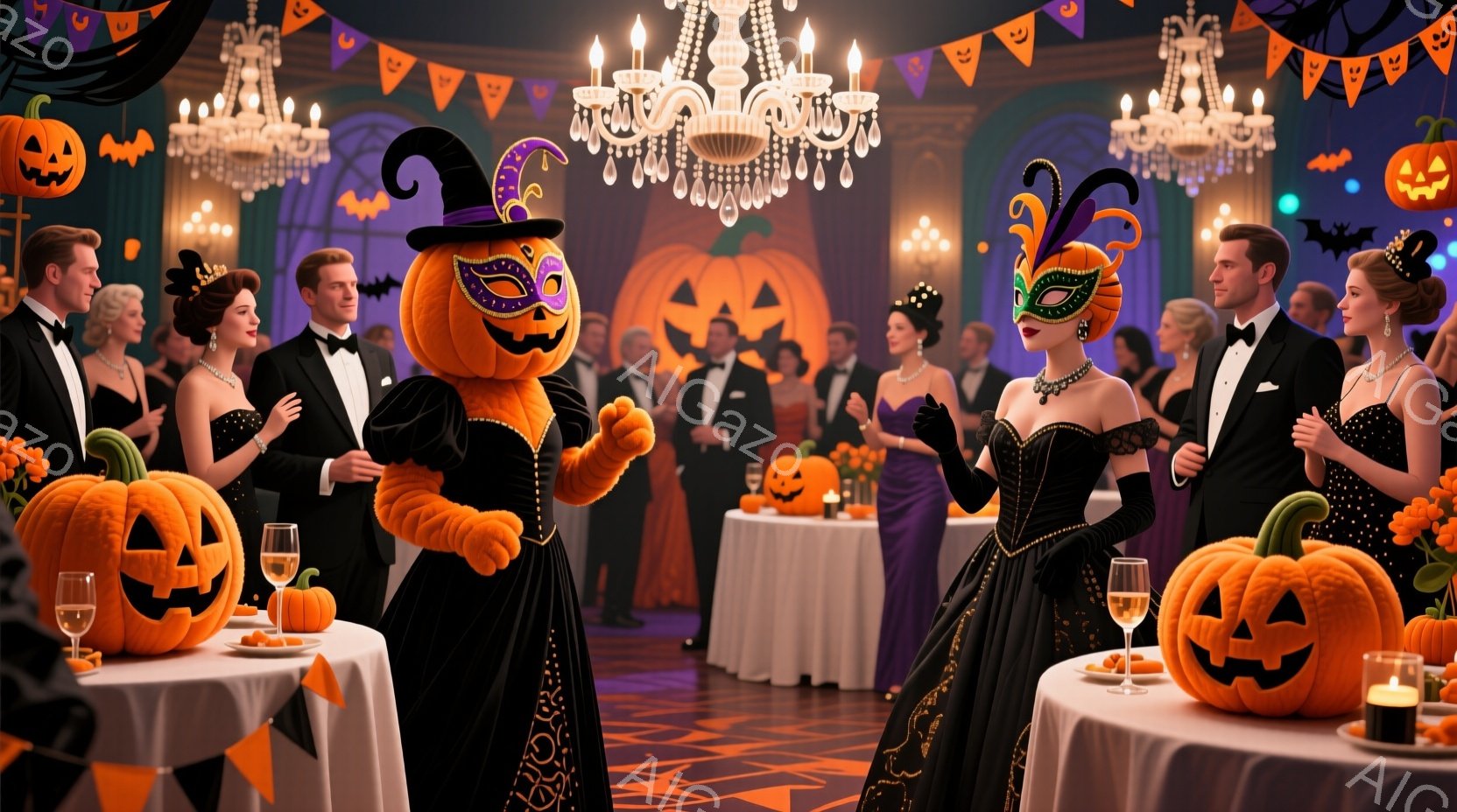 ハロウィーンパーティーの華やかな会場で、カボチャの頭を被った人物が黒いドレスの女性と向かい合って踊っています。会場には多くの人々がフォーマルな服装で参加しており、背景にはカボチャのランタンや装飾が施され、シャンデリアが煌びやかに輝いています。パーティーは優雅で、少し不気味な雰囲気で、参加者たちは楽しんでいる様子が伺えます。
