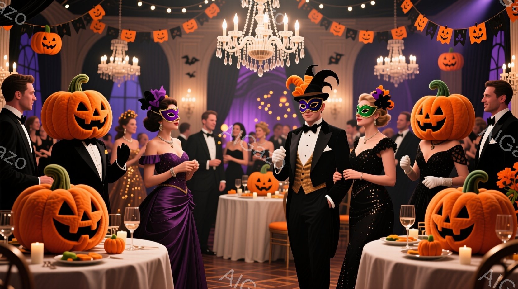 ハロウィーンパーティーの盛大な宴会場が描かれています。男性は黒いタキシード、女性は紫と黒の豪華なドレスを身につけ、仮装姿で楽しんでいます。背景には、たくさんのカボチャの装飾と、シャンデリア、そして他の参加者たちがおり、華やかで賑やかな雰囲気が伝わってきます。