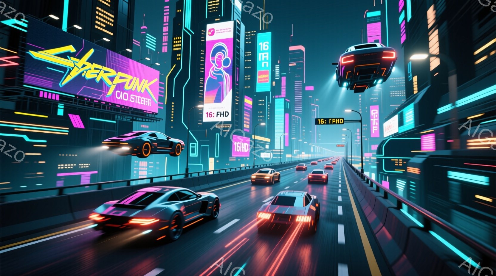 未来都市の高速道路が描かれており、ネオンライトが輝く高層ビル群が立ち並び、空には未来的な車が飛び交っています。道路上には赤い光の筋が走る車が多数存在し、スピード感を強調しています。全体的にサイバーパンクな雰囲気で、夜の都市の活気とテクノロジーの進歩を感じさせます。