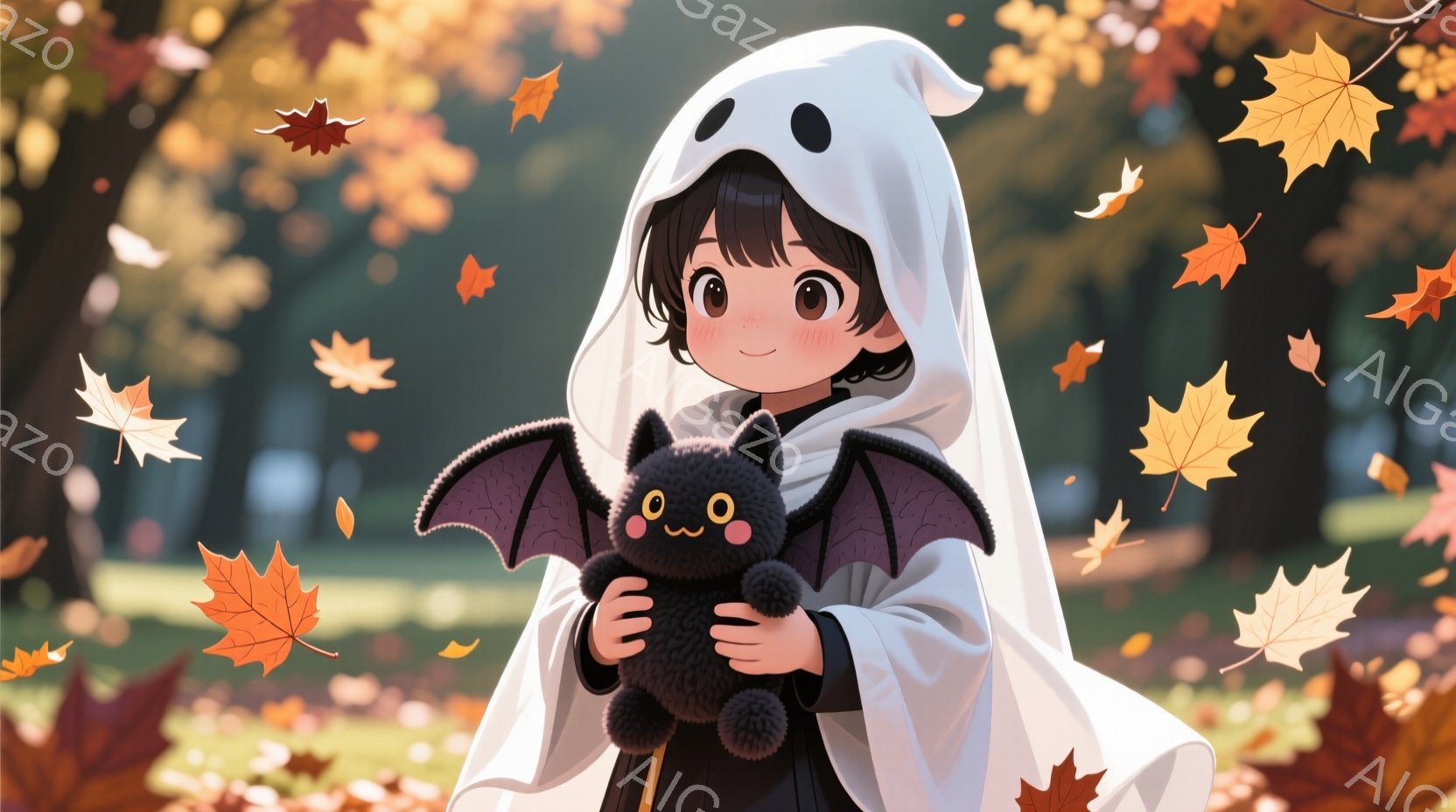 茶色の髪の少女が白いお化けの衣装を着て、黒いコウモリのぬいぐるみを抱えています。彼女は優しい笑顔で、少し上を見ているようです。背景には秋の木々と散り葉があり、暖かく穏やかな雰囲気を醸し出しています。