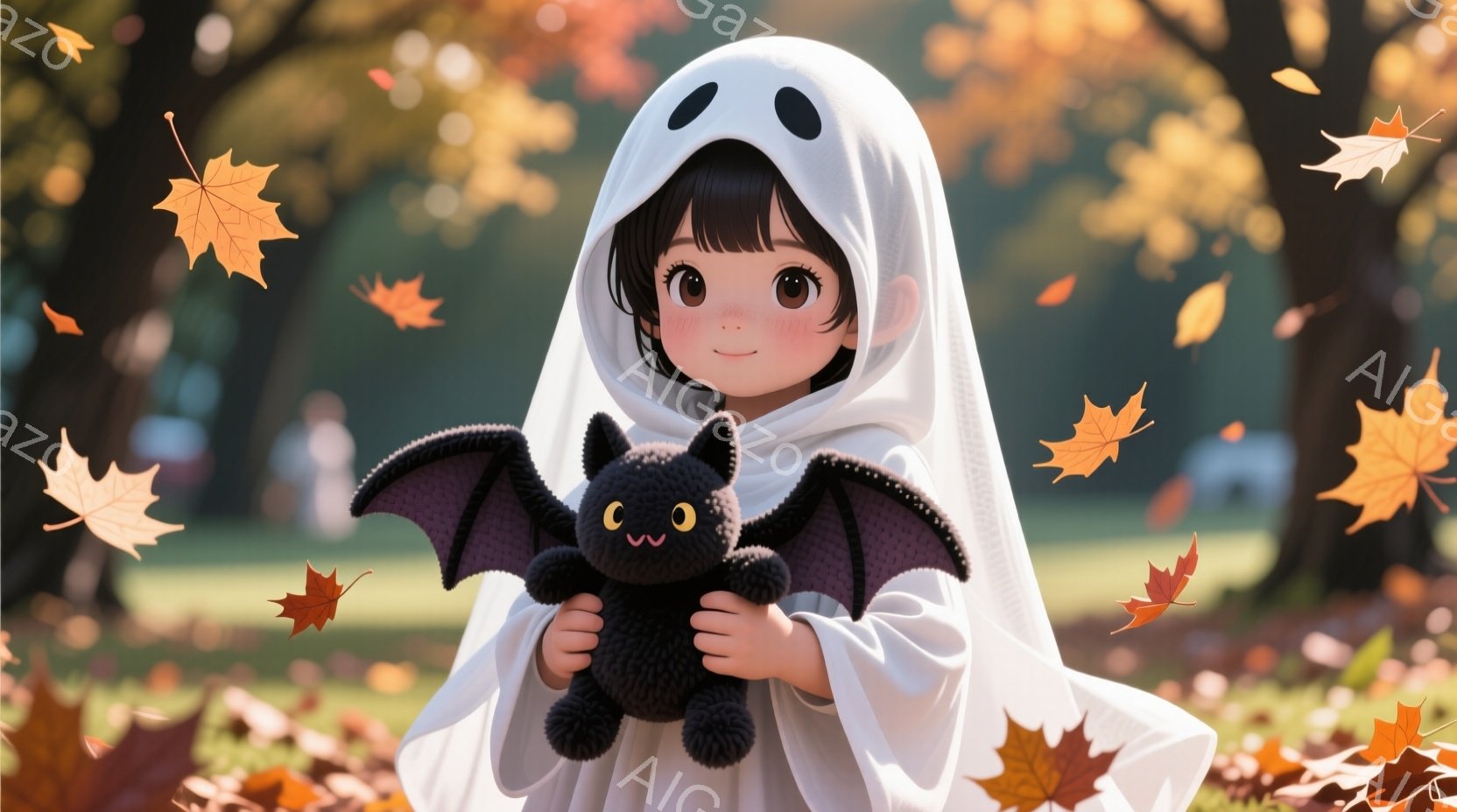 金髪で短いヘアスタイルをした少女が、白いお化けの衣装を着て、黒いコウモリのぬいぐるみを抱きしめています。背景には、オレンジと赤色の落ち葉が舞い散る公園があり、秋の穏やかな雰囲気が漂っています。少女は少 - AI生成フリー素材