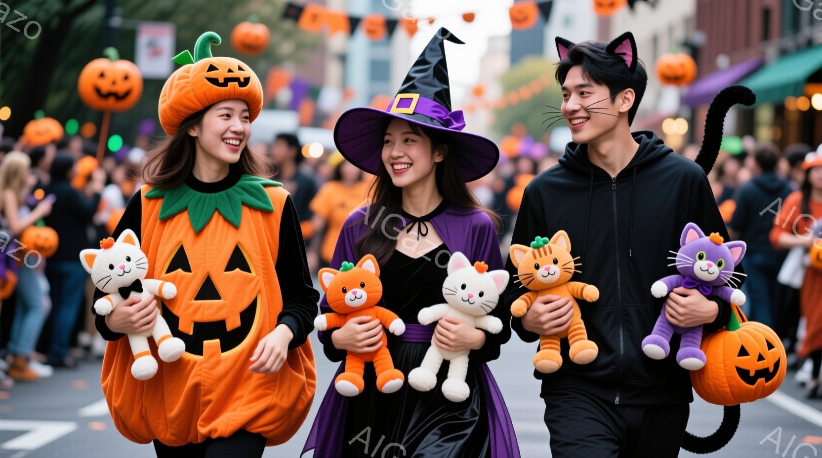 ハロウィーンの衣装を着た若い女性二人と男性一人が、街路を歩いています。女性の一人はカボチャの着ぐるみで、もう一人は黒い魔女の帽子とマントを身につけています。男性は黒いパーカーを着ており、それぞれが可愛 - AI生成フリー素材