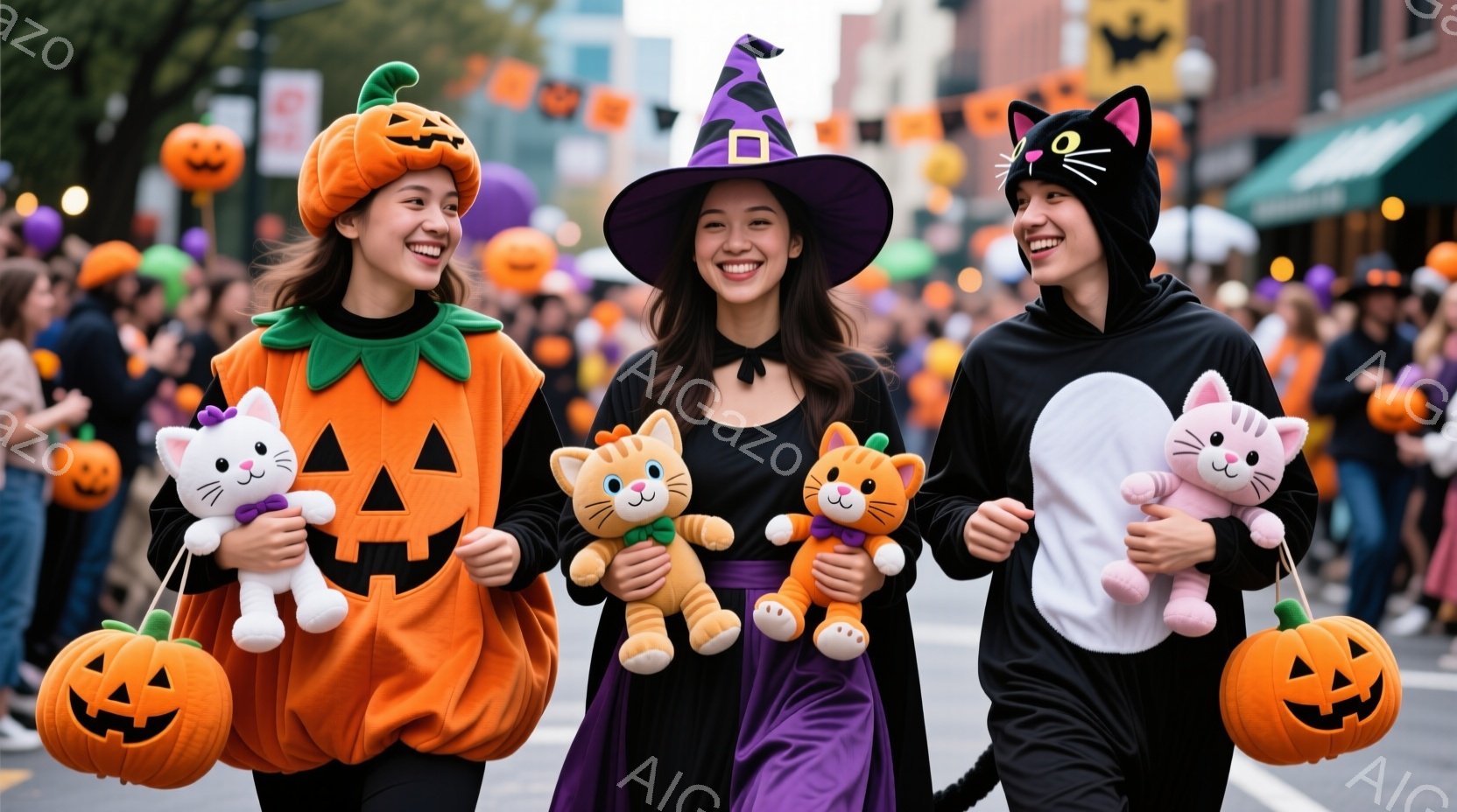 ハロウィーンの衣装を着た若い女性3人が、楽しそうに歩いている様子が写っている。オレンジ色のカボチャのコスチューム、黒い魔女のコスチューム、そして猫のコスチュームをそれぞれ身に着け、それぞれ可愛いぬいぐ - AI生成フリー素材