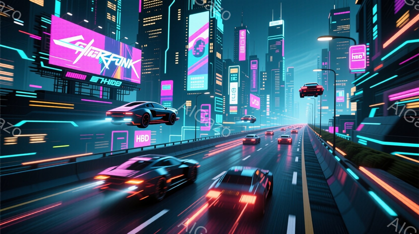 未来都市の高速道路が描かれており、ネオンサインが輝く高層ビル群が背景に広がっています。車両は高速で走行しており、光の軌跡がスピード感を強調しています。全体的にサイバーパンクな雰囲気で、雨が降った後の路 - AI生成フリー素材