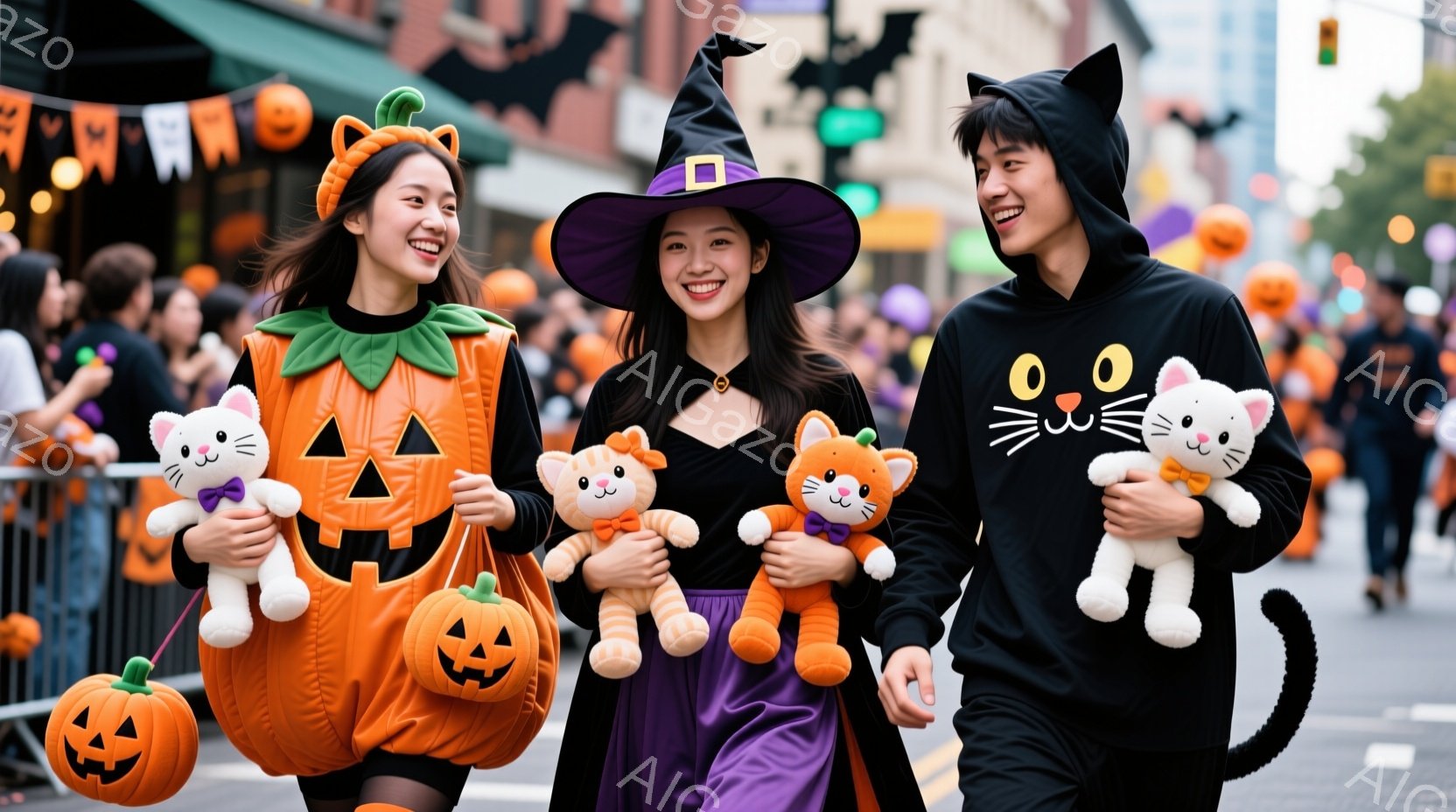 ハロウィーンの衣装を着た若い女性と男性が、おもちゃの猫のぬいぐるみを抱えて歩いています。女性の一人はカボチャの衣装を着ており、もう一人は黒いドレスと魔女の帽子を着用し、男性は黒い猫の衣装を着ています。 - AI生成フリー素材