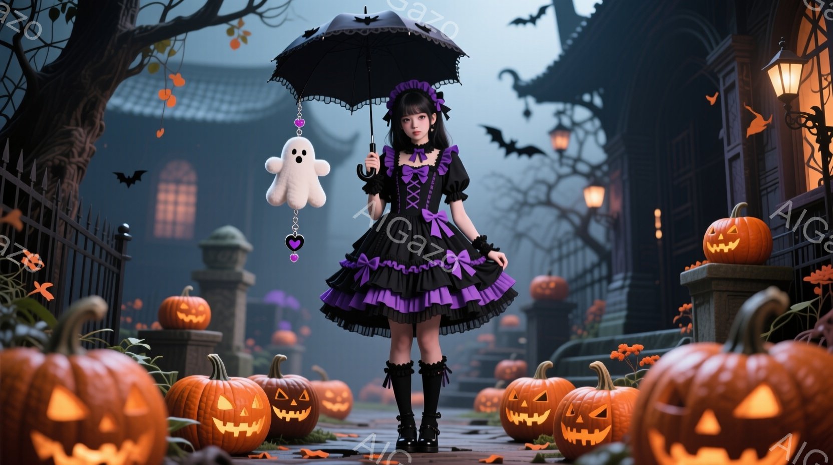黒と紫のゴシック風ドレスを着た少女が、傘をさして立っています。彼女は黒髪で、前髪は目に届くほど長く、表情は少し寂しげです。背景にはハロウィーンの飾り付けが施された建物や、たくさんのジャック・オー・ラン - AI生成フリー素材