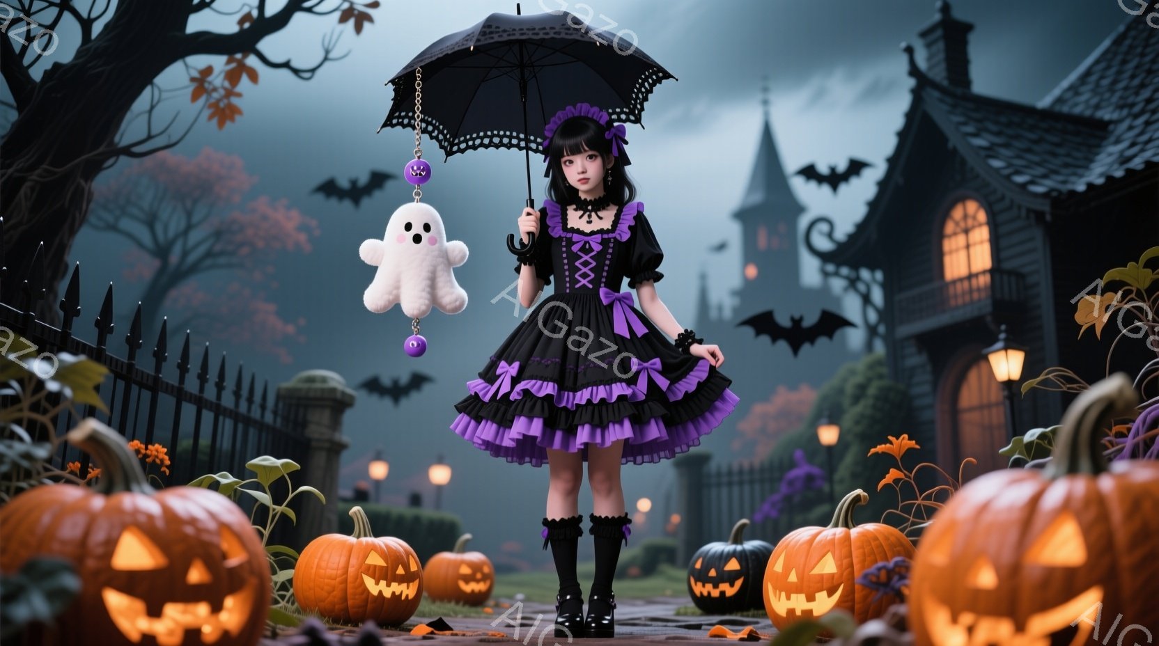 黒いドレスと紫のリボンが印象的な少女が、傘をさして立っている。背景にはハロウィーンらしいカボチャやお化け屋敷、コウモリが描かれており、ハロウィーンの夜の幻想的な雰囲気を醸し出している。少女は少し物憂げ - AI生成フリー素材