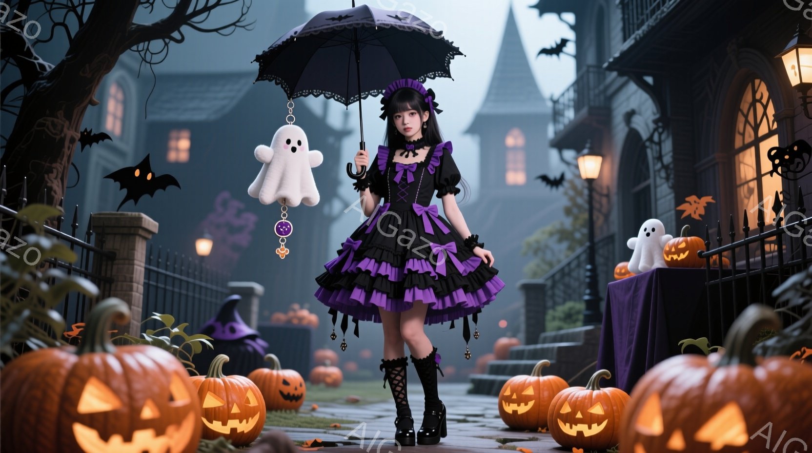 黒と紫のフリルがたくさんついたゴシック調のドレスを着た若い女性が、ハロウィーンの装飾が施された通りに立っています。彼女は黒いレースの傘を持ち、長い黒髪はカールされ、前髪はサイドに流れています。背景には - AI生成フリー素材