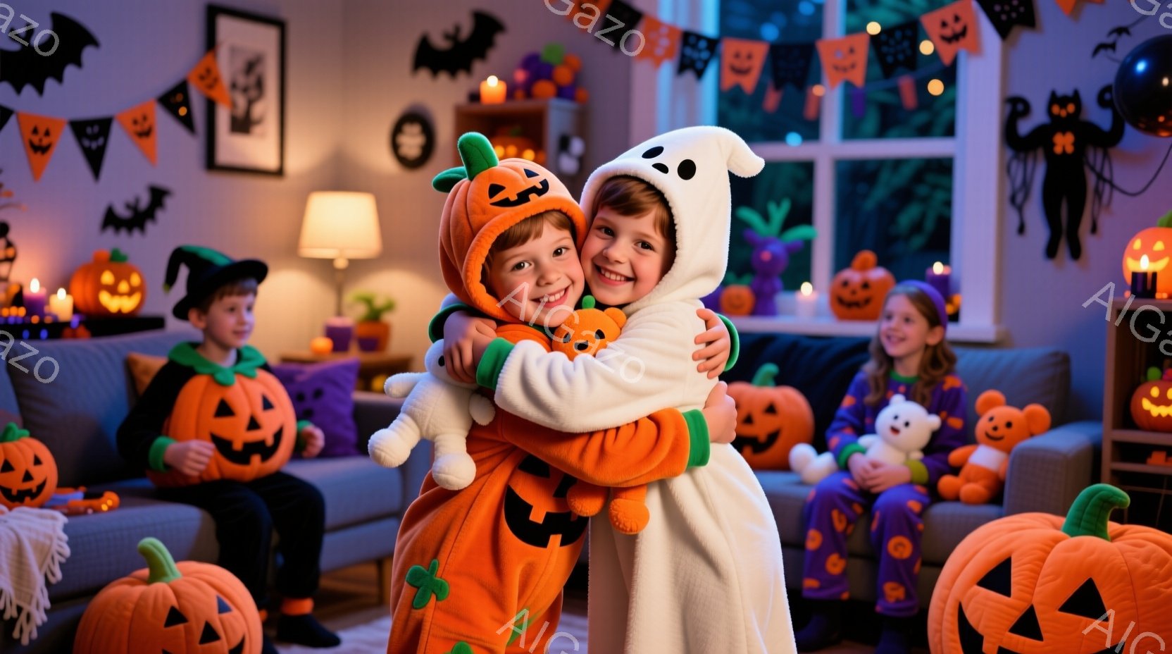 ハロウィーンの装飾で飾られたリビングルームで、カボチャのコスチュームを着た少年と幽霊のコスチュームを着た少女が抱き合っています。少年はオレンジ色の帽子と衣装を着て、笑顔を見せています。背景には他のコス - AI生成フリー素材