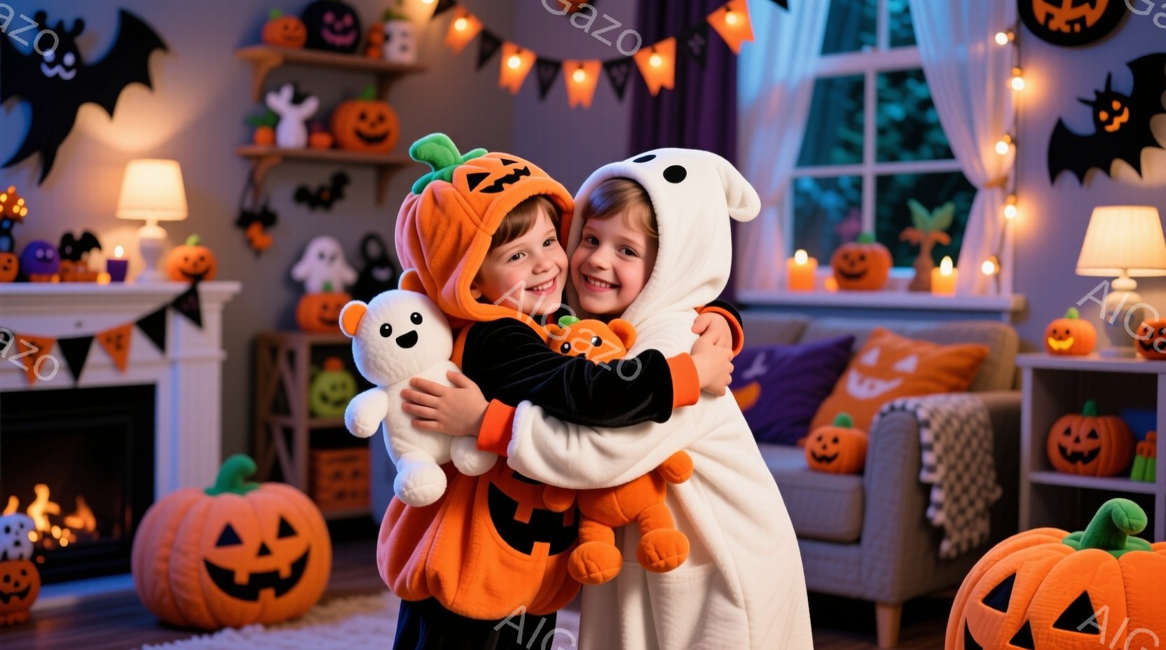 ハロウィーンの飾り付けがされたリビングルームで、カボチャと幽霊のコスチュームを着た二人の子供が抱き合っています。片方の子供はオレンジ色のカボチャの帽子を被り、もう片方は白い幽霊の着ぐるみを着ており、両 - AI生成フリー素材