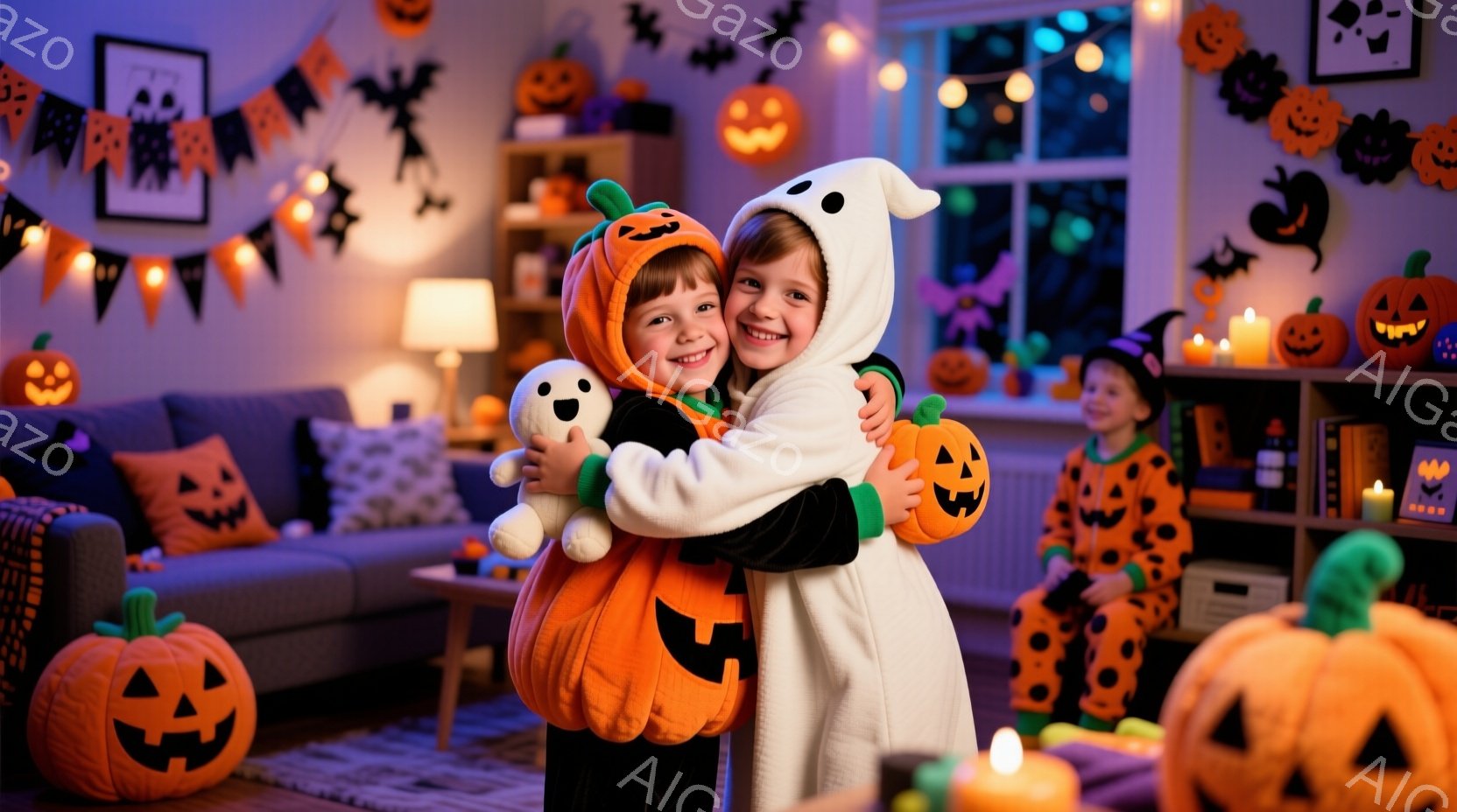 ハロウィーンの装飾が施されたリビングルームで、カボチャのコスチュームを着た女の子と幽霊のコスチュームを着た女の子が抱き合っています。どちらも笑顔で、楽しそうにしています。背景には、他の子供たちがハロウィーンの衣装を着ており、部屋全体がオレンジ色と紫色の照明で照らされ、お祝いの雰囲気が漂っています。