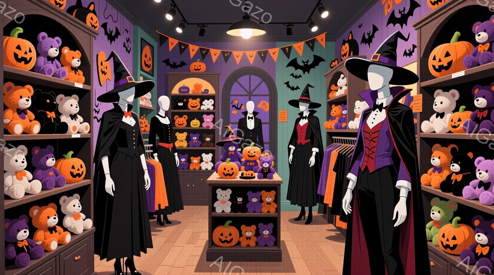 ハロウィーンの衣装店で、マネキンが黒い魔女の衣装とオレンジと紫の衣装を着ています。背景には、カボチャのぬいぐるみやハロウィーンの飾り付けが並び、紫色の壁が印象的です。全体的に、かわいくて少し不気味な、 - AI生成フリー素材