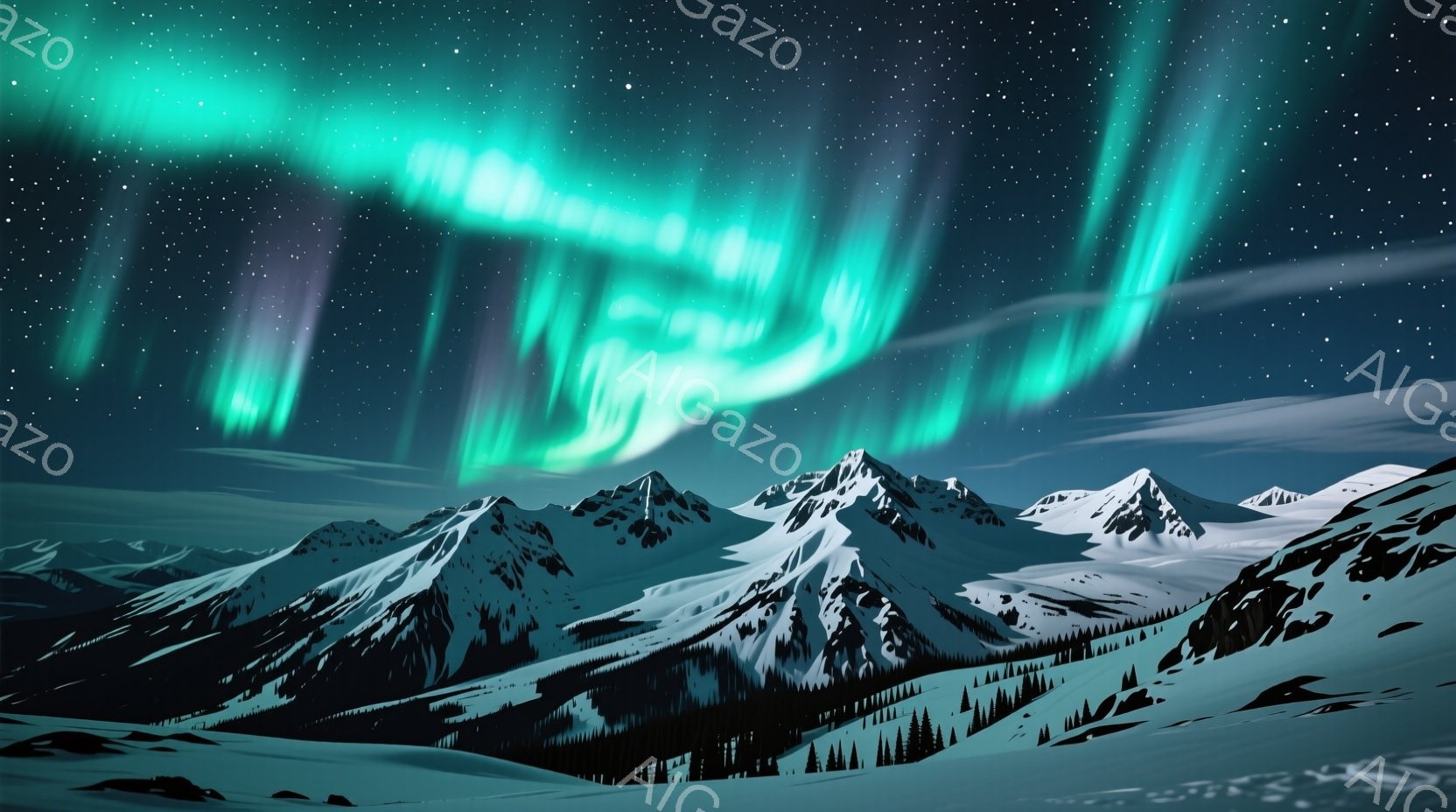 雪を抱く険しい山々が連なり、その上空には緑と紫のオーロラが壮大に広がっている。山肌は白く、雪に覆われた針葉樹林が麓に広がり、冬の静寂と神秘的な雰囲気を醸し出している。夜空には無数の星が輝き、オーロラとのコントラストが息をのむほど美しい光景を作り出している。