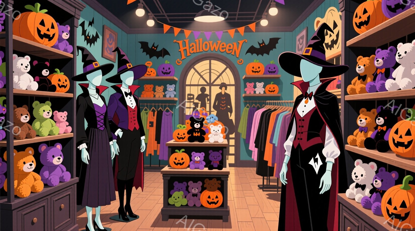 店内には、ハロウィーンの装飾が施され、オレンジ色のかぼちゃや黒いコウモリが飾られています。黒いワンピースに白いエプロン、そして先のとがった帽子を被ったマネキンが2体、店の奥に立っており、ハロウィーンの - AI生成フリー素材