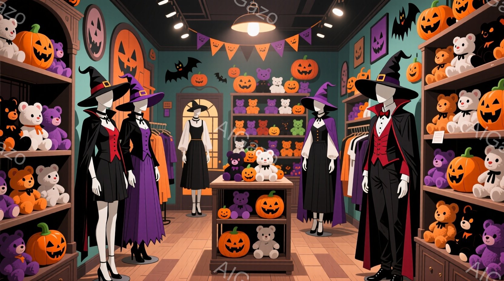 ハロウィーンの衣装を扱うお店の様子が描かれています。マネキンには、紫と黒の魔女の衣装、オレンジのドレス、吸血鬼の衣装が飾られており、背景にはたくさんのハロウィーンのぬいぐるみやカボチャの装飾が並んでい - AI生成フリー素材
