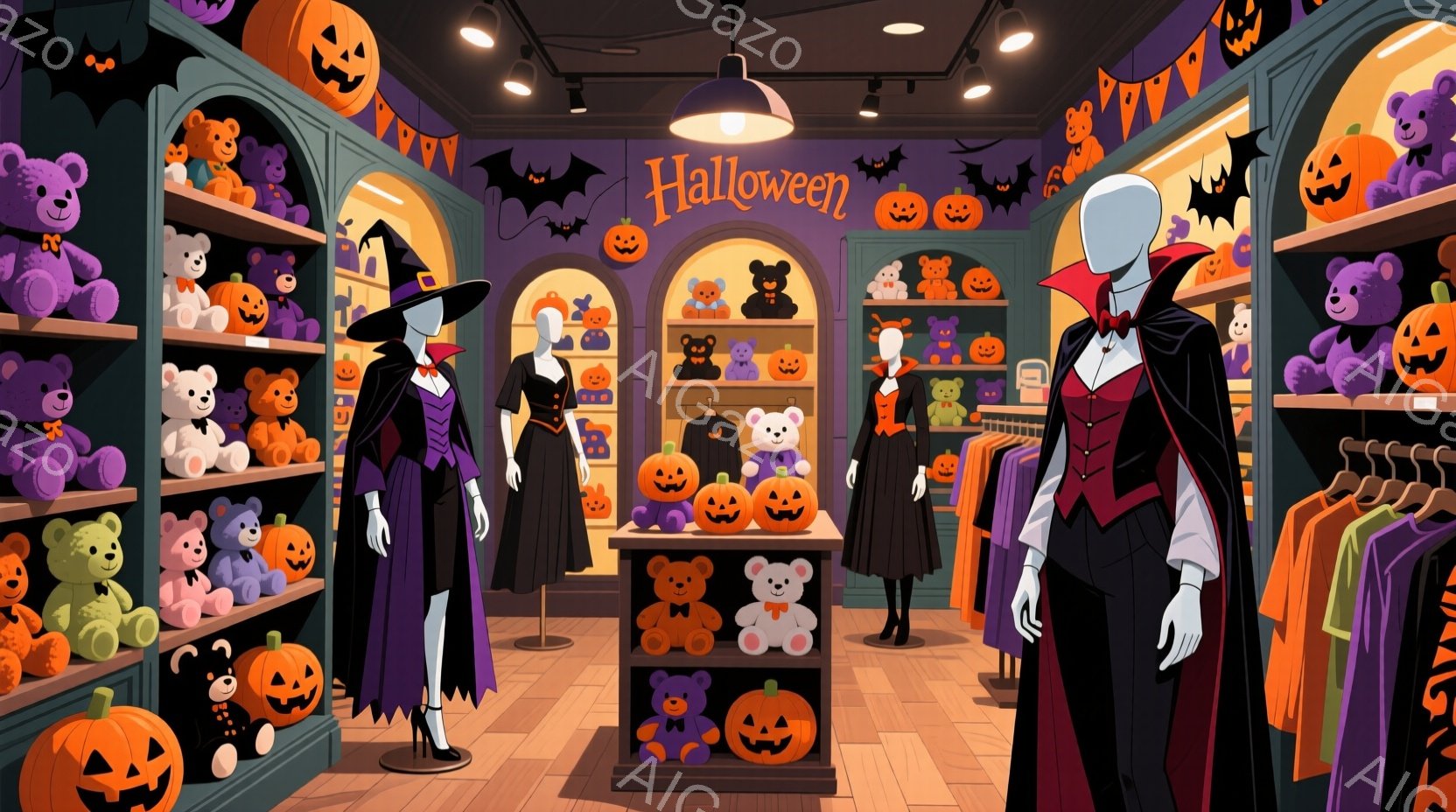 ハロウィーンをテーマにしたお店の内部で、マネキンが紫と黒のハロウィーン衣装を着ています。背景にはオレンジ色のカボチャの装飾が施された棚があり、テディベアが並べられています。全体的に、暗い紫色の壁とカボ - AI生成フリー素材