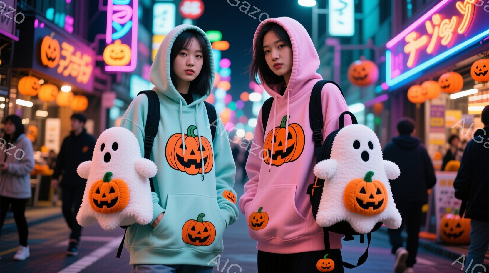 鮮やかなピンクと水色のパーカーを着た若い女性たちが、ハロウィーンの装飾がされた賑やかな通りに立っています。彼女たちはそれぞれ、かぼちゃと幽霊のぬいぐるみを抱えており、無表情でカメラの方を見ています。背 - AI生成フリー素材