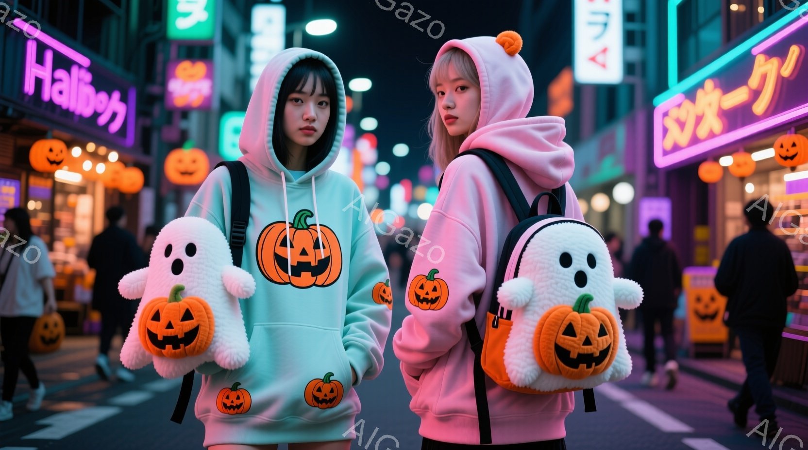 ハロウィーンの装飾が施された賑やかな夜の通りに立つ若い女性二人組が写っています。二人はどちらも明るいピンク色のパーカーを着ており、それぞれにカボチャと幽霊のモチーフの付いたリュックサックを背負っていま - AI生成フリー素材