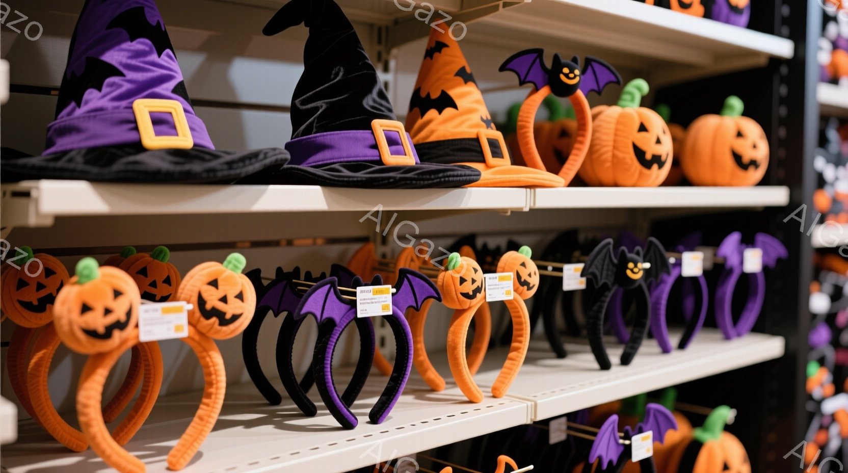 ハロウィーン用のヘッドバンドが棚に並べられています。かぼちゃや魔女帽子、コウモリのデザインで、オレンジと紫の色合いが特徴的です。背景は暗い色の棚で、ハロウィーンの装飾品が整然と並んでいる様子がわかりま - AI生成フリー素材
