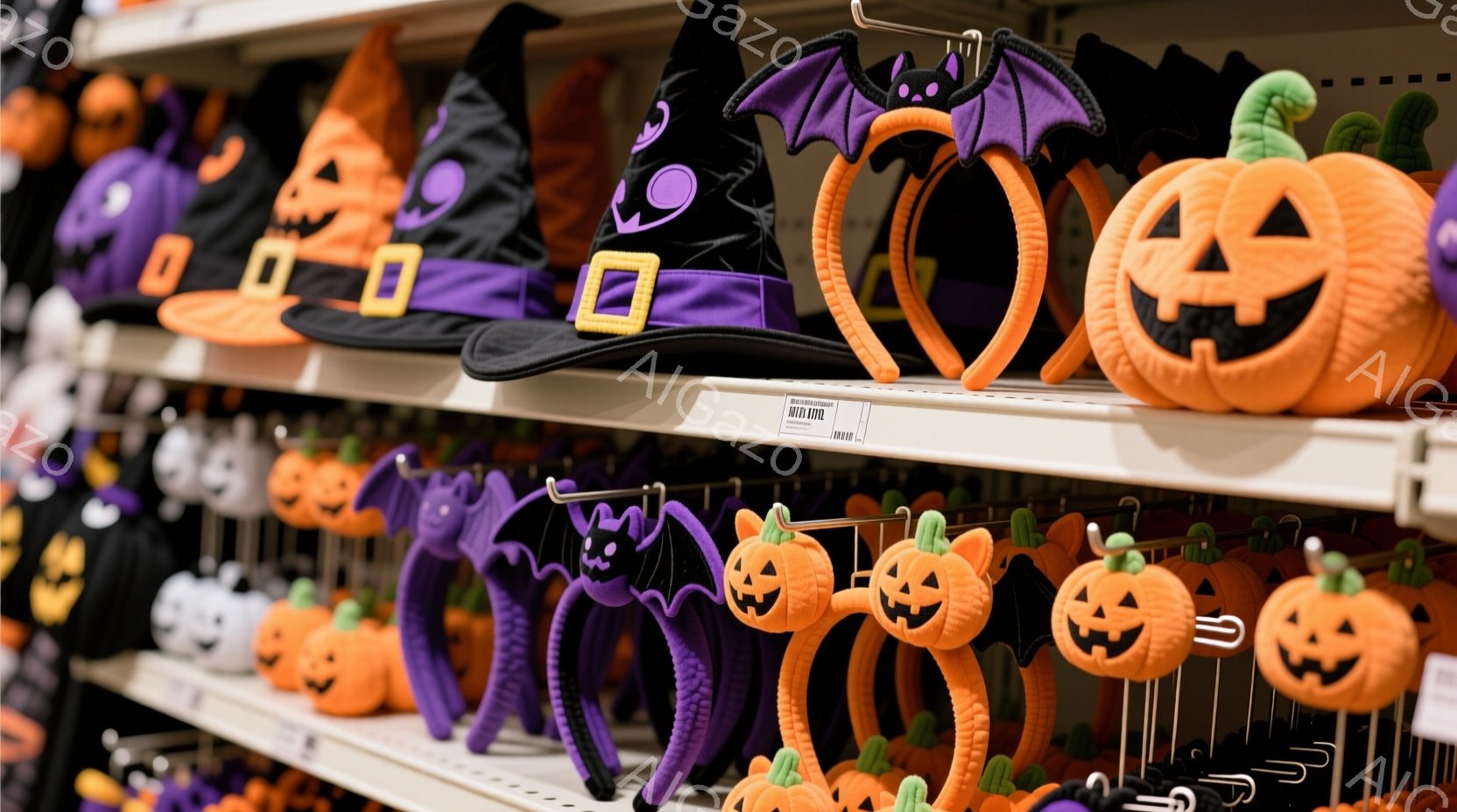 ハロウィーンのヘッドバンドが棚に並べられています。オレンジ色のジャック・オー・ランタンと紫色のコウモリのヘッドバンドが交互に並んでおり、カラフルで賑やかな雰囲気です。背景には他のハロウィーングッズが見え、お店の棚のようになっています。