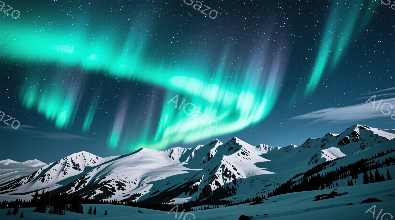広大な雪山が連なり、夜空にはオーロラが幻想的に広がっています。山々は雪で覆われ、暗闇の中に白く輝き、麓には暗い色の針葉樹林が広がっています。オーロラは緑と紫の色合いで、まるで天のカーテンのように空を彩 - AI生成フリー素材