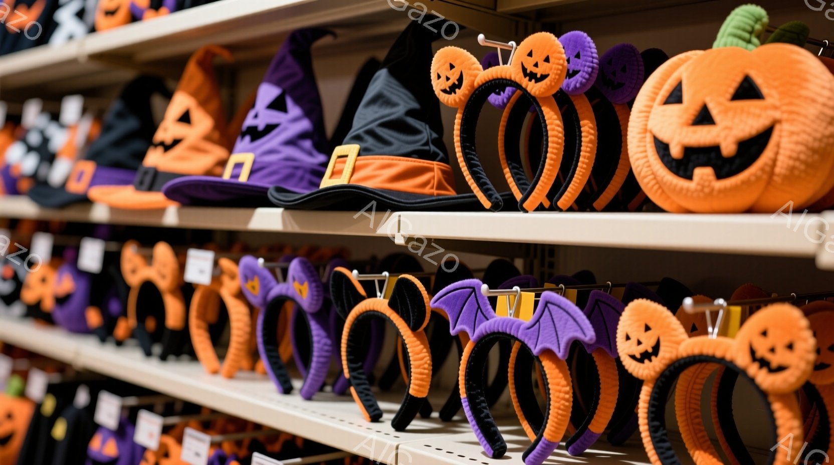 ハロウィーン用のヘッドバンドが棚に並べられています。オレンジ色のカボチャや紫色の蝙蝠、黒い魔女帽子など、様々なデザインのものが揃っており、秋のイベントを彩るアイテムのようです。背景は店舗の棚で、ハロウィーンの装飾品が所狭しと並んでいる様子が伺えます。